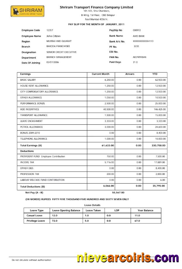 India SHRIRAM Transport Finance Company Limited payslip